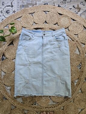Light Blue Distressed Denim Skirt - Women